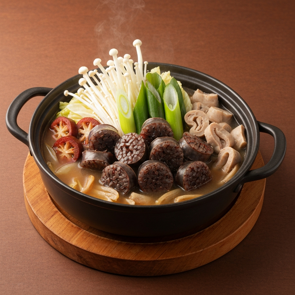 Korean Blood Sausage (Sundae) Hot Pot with Vegetables and Broth
