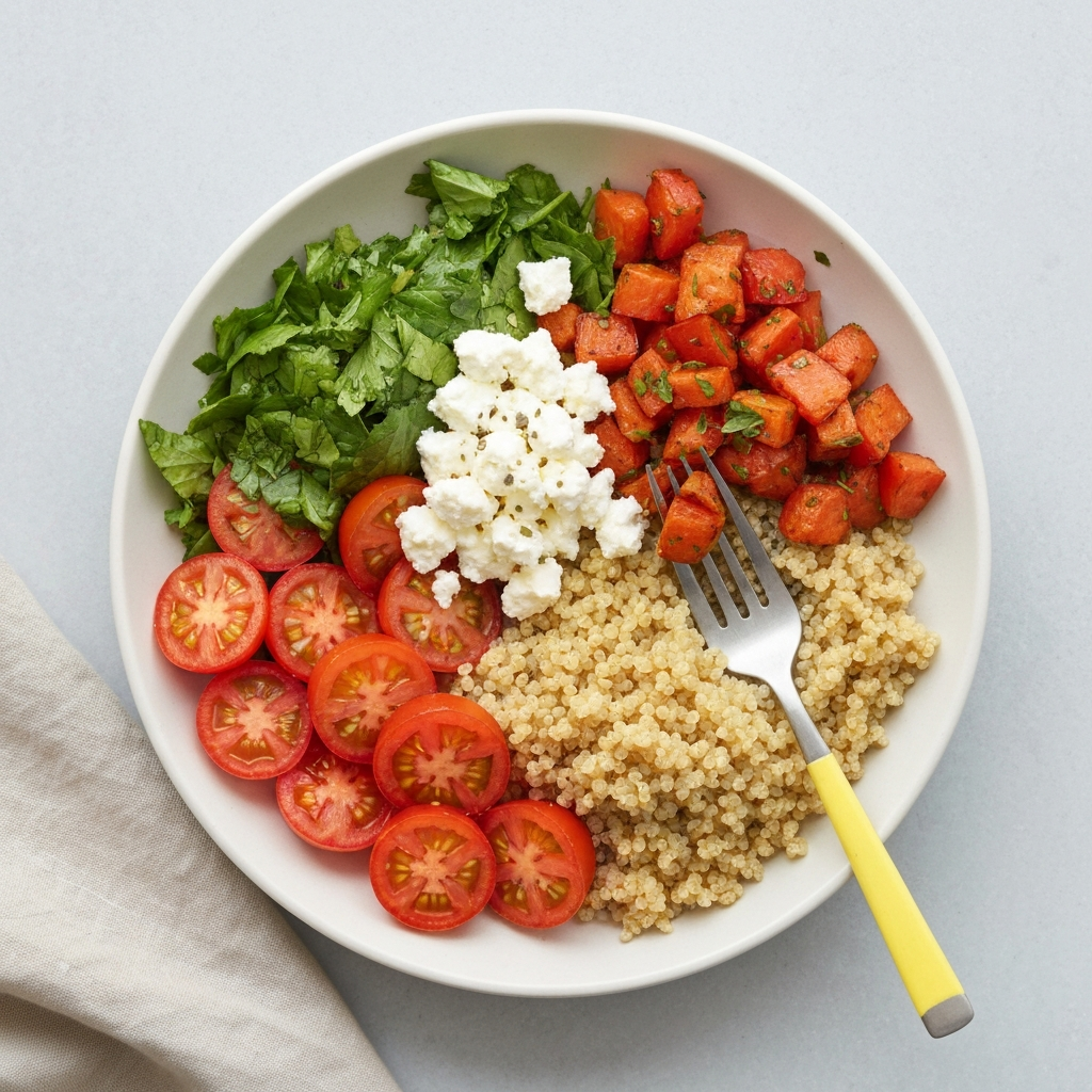 Mediterranean Quinoa Bowl with Roasted Vegetables and Lemon-Herb Dressing