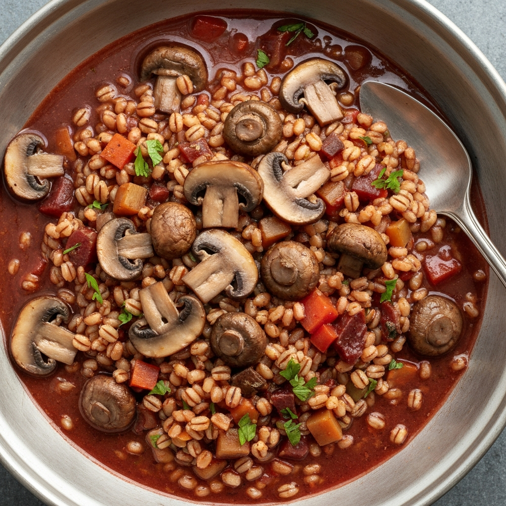 Vegan Mushroom and Barley Stew with Red Wine Reduction