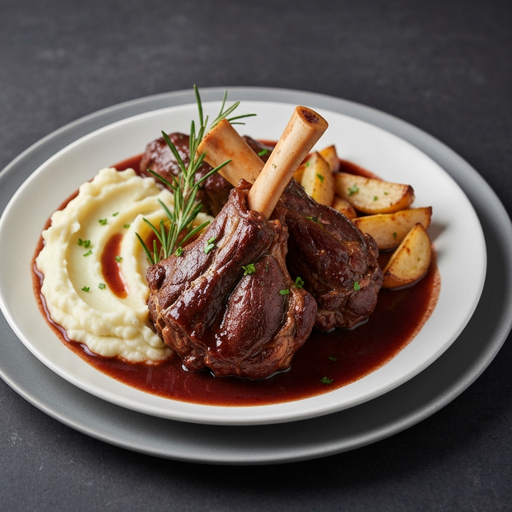 Slow-Braised Jersey Lamb Shanks with Red Wine & Rosemary