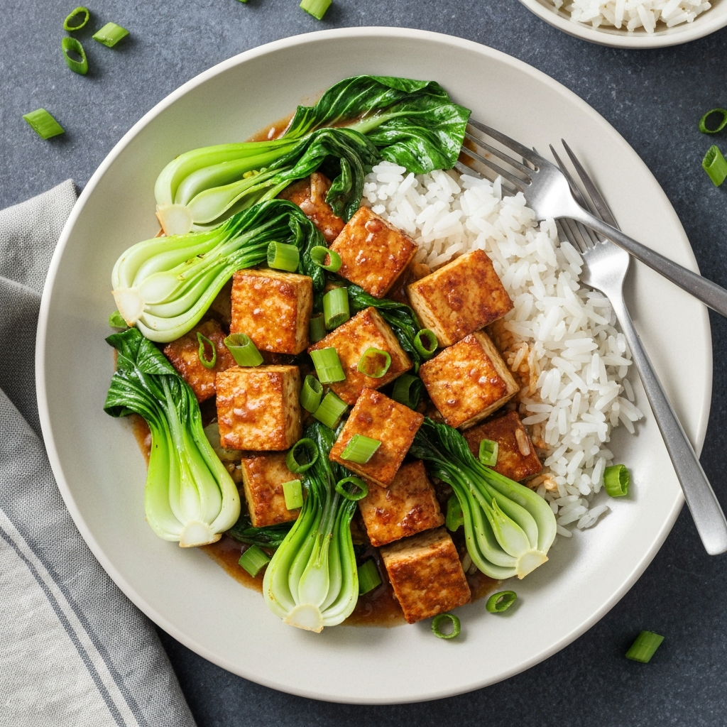Sesame Ginger Glazed Tofu with Bok Choy and Rice