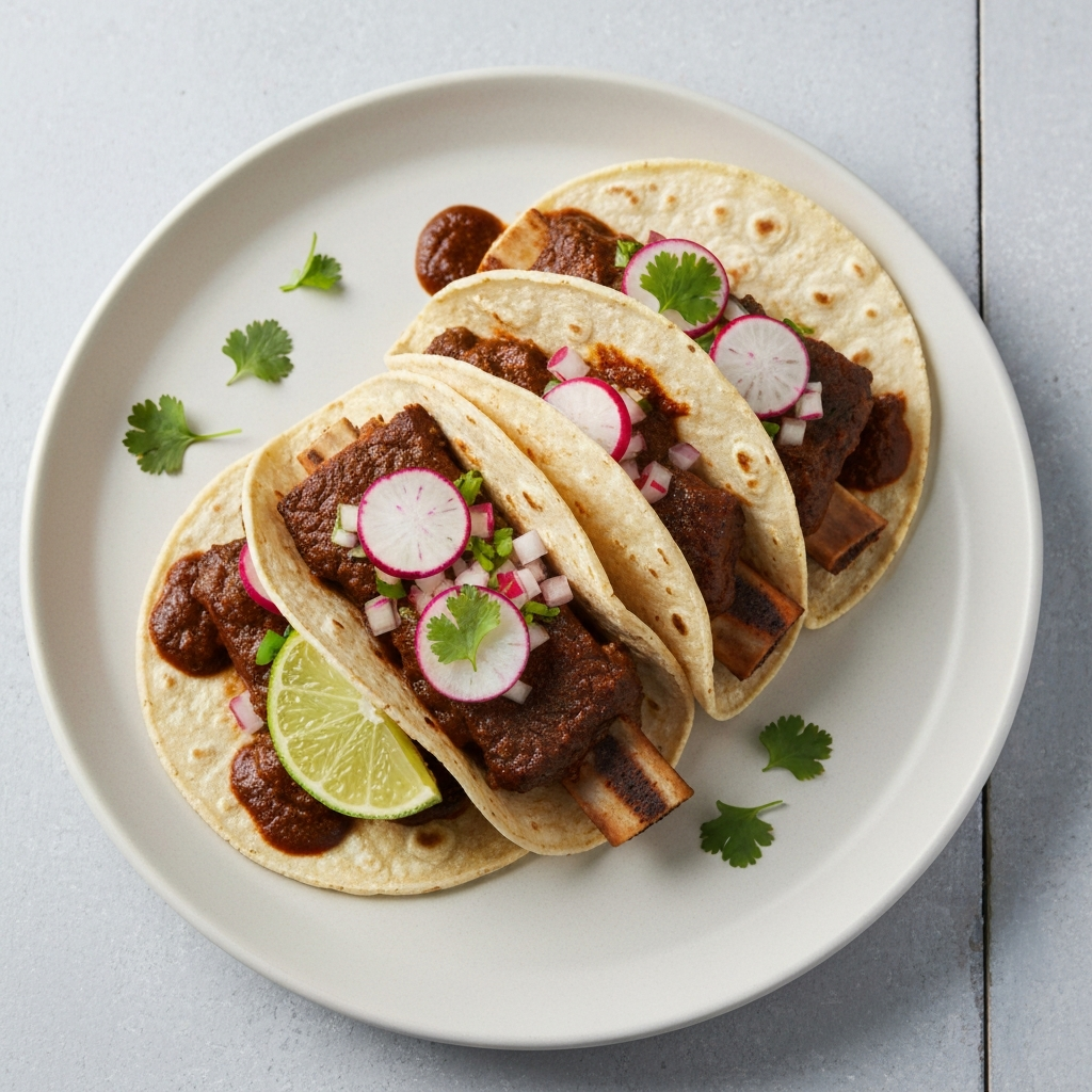 Mole-Braised Short Rib Tacos with Radish Salsa