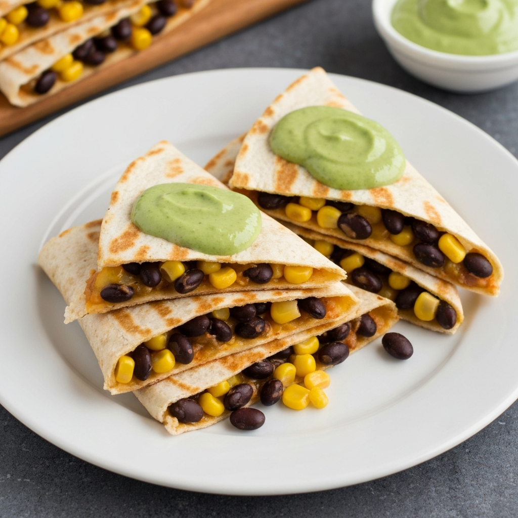 Black Bean and Corn Quesadillas with Avocado Crema