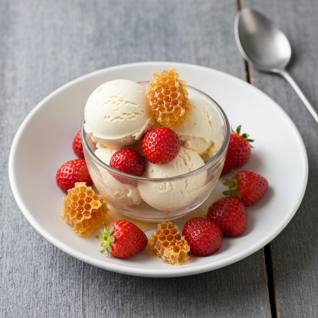 Jersey Dairy Ice Cream with Local Strawberries and Honeycomb