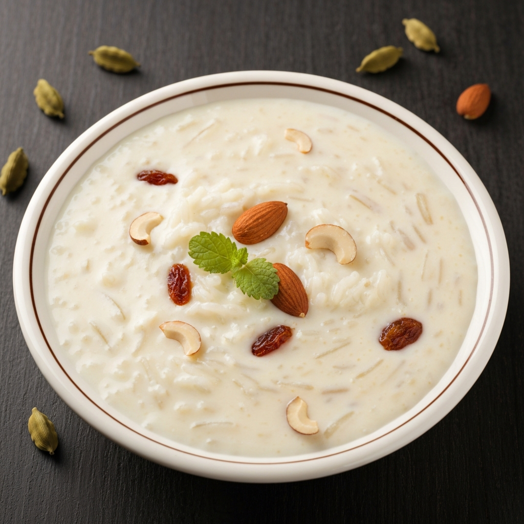 Rice Kheer (Indian Rice Pudding) with Cardamom and Nuts