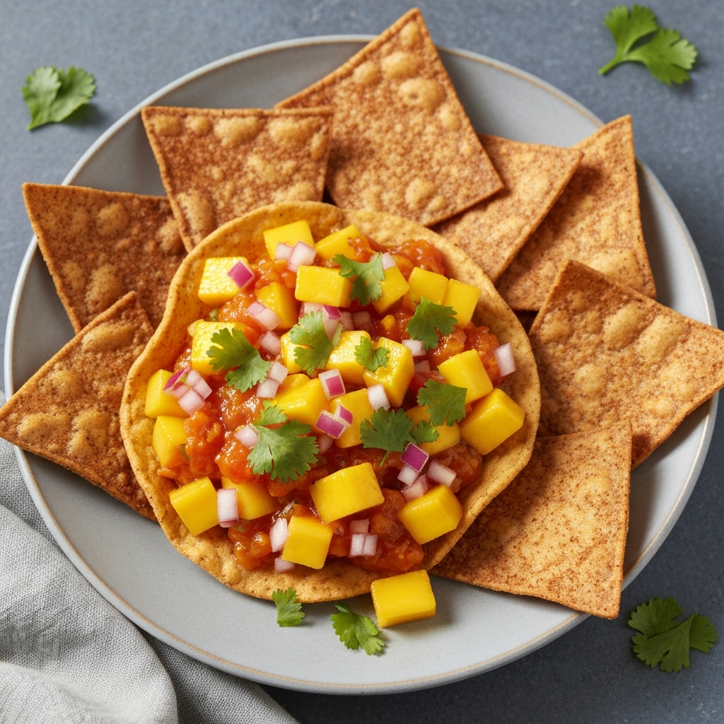 Spicy Mango Salsa with Cinnamon Tortilla Chips