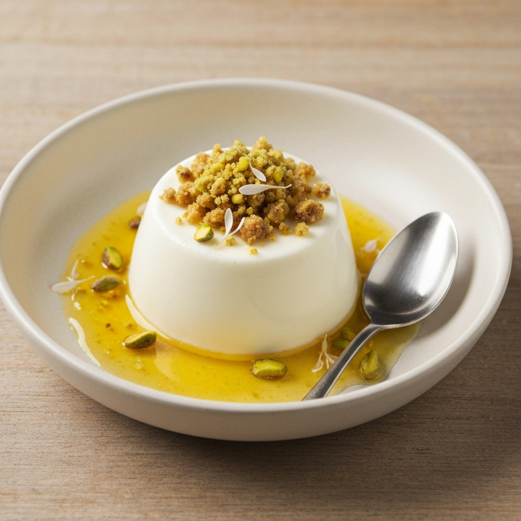 Greek Yogurt Panna Cotta with Orange Blossom and Pistachio Crumble