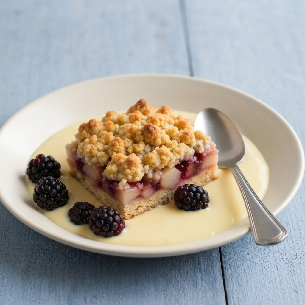 Apple and Blackberry Crumble with Jersey Custard
