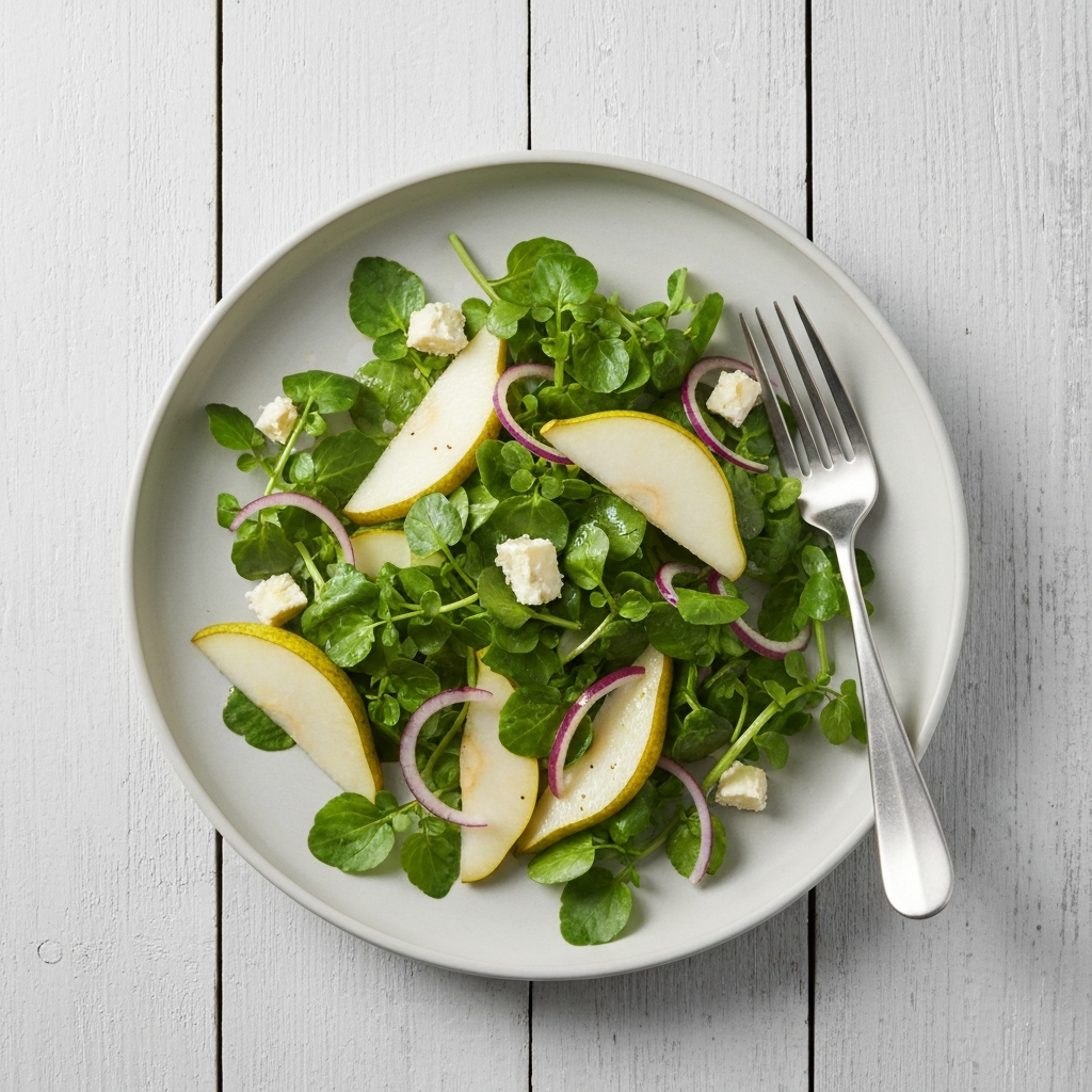 Watercress and Pear Salad with Stilton Crumbles and Sherry Vinaigrette