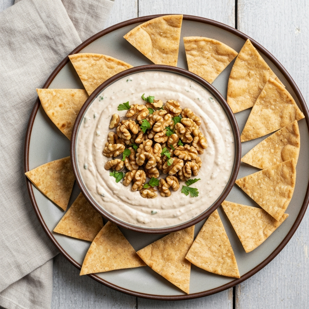 Roasted Red Pepper and Walnut Dip with Pita Chips
