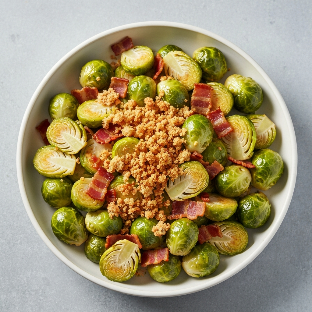 Creamy Jersey Brussels Sprouts with Bacon and Toasted Breadcrumbs