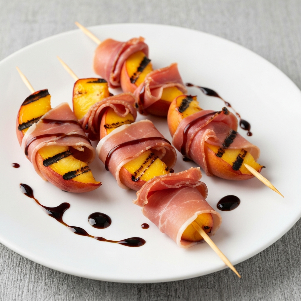 Grilled Peach and Prosciutto Skewers with Balsamic Reduction