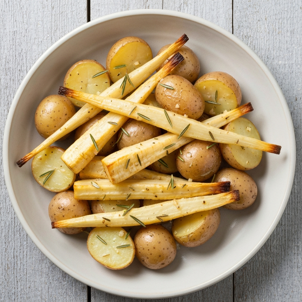 Roasted Parsnips and Jersey Royals with Rosemary and Garlic