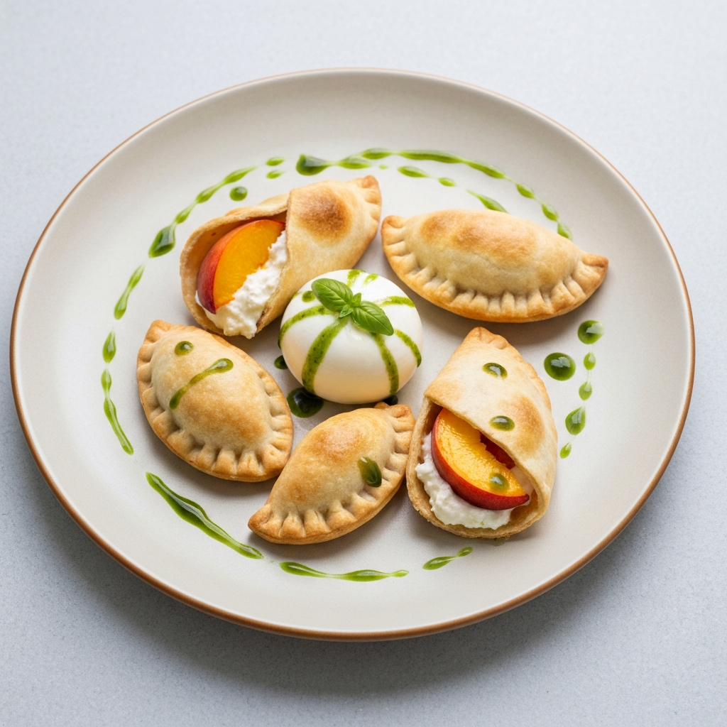 Peach & Burrata Empanadas with Basil Oil