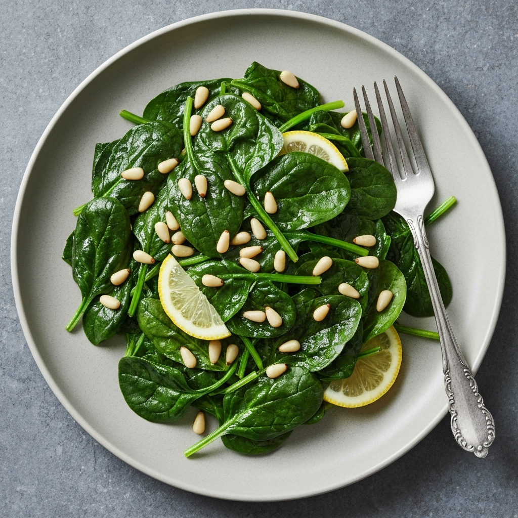 Garlicky Pan-Fried Spinach with Pine Nuts & Lemon