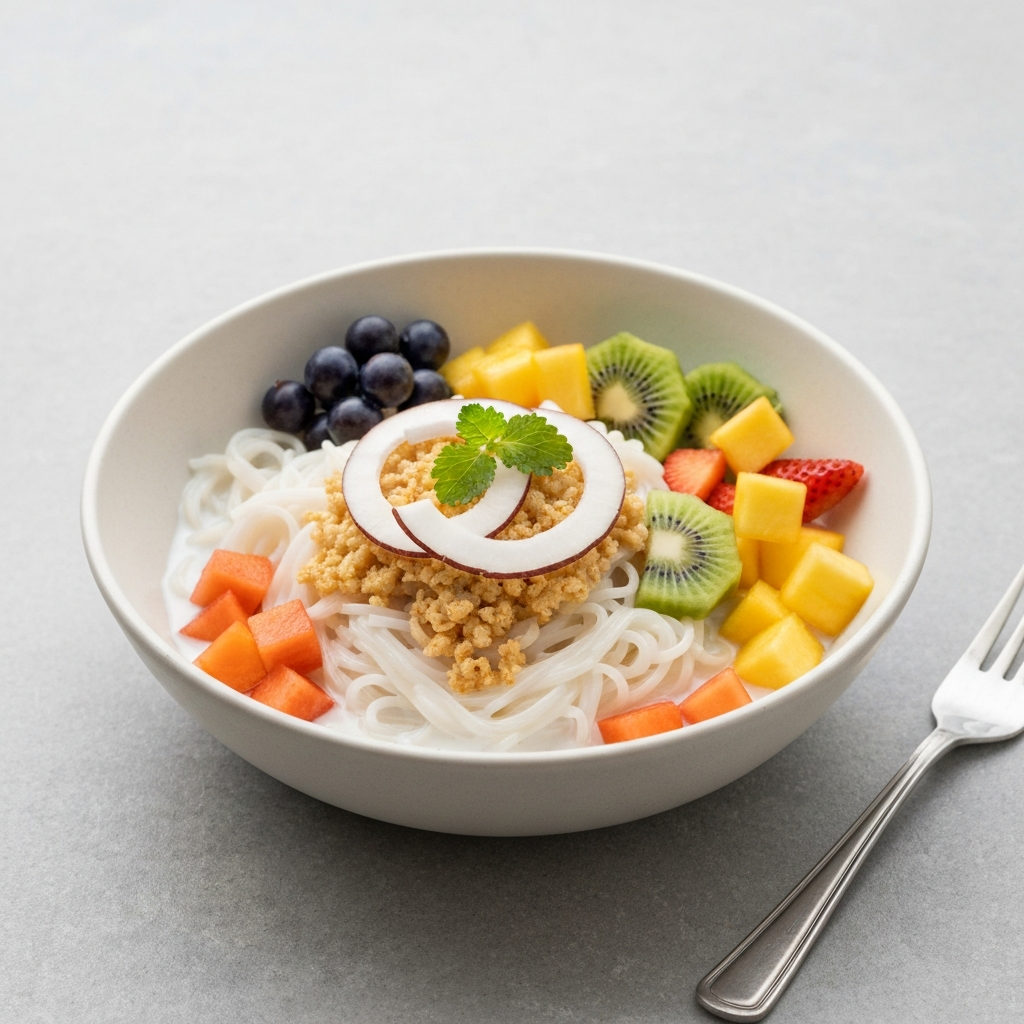 Thai Noodle Breakfast Bowl with Coconut and Fruit