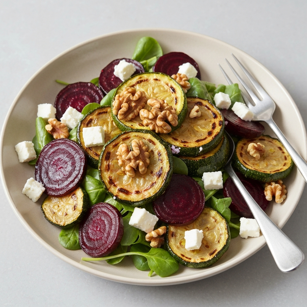 Roasted Courgette and Beetroot Salad with Feta and Walnuts