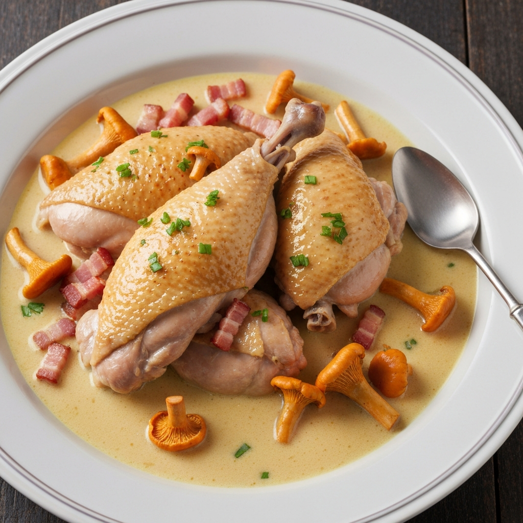 Coq au Vin Blanc with Chanterelle Mushrooms