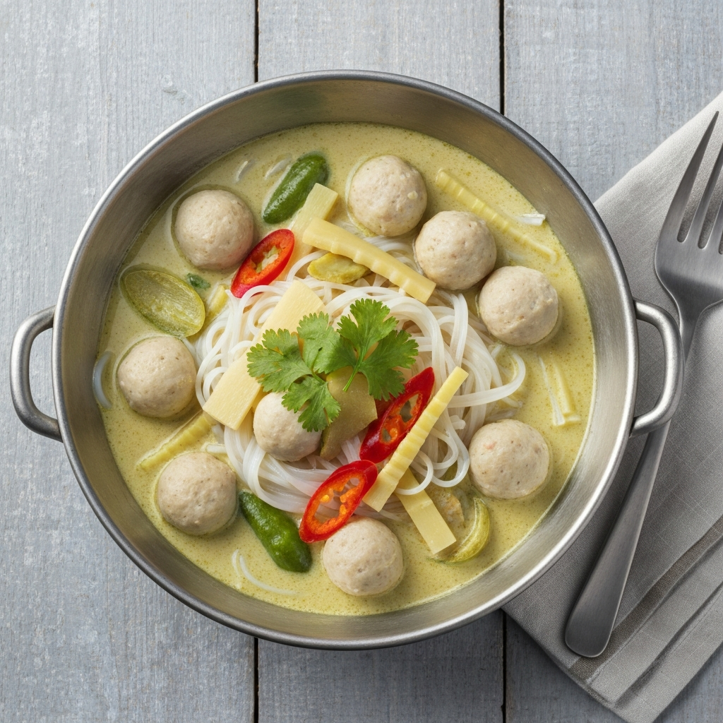 Thai Green Curry with Fish Balls and Rice Noodles