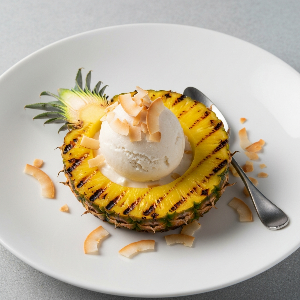 Grilled Pineapple with Coconut Sorbet and Toasted Coconut Flakes