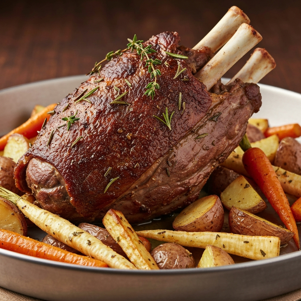 Slow-Roasted Jersey Lamb Shoulder with Root Vegetables