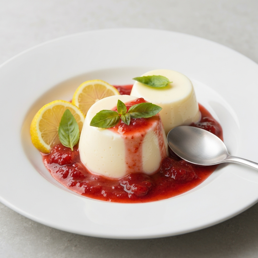 Lemon-Basil Panna Cotta with Strawberry Coulis