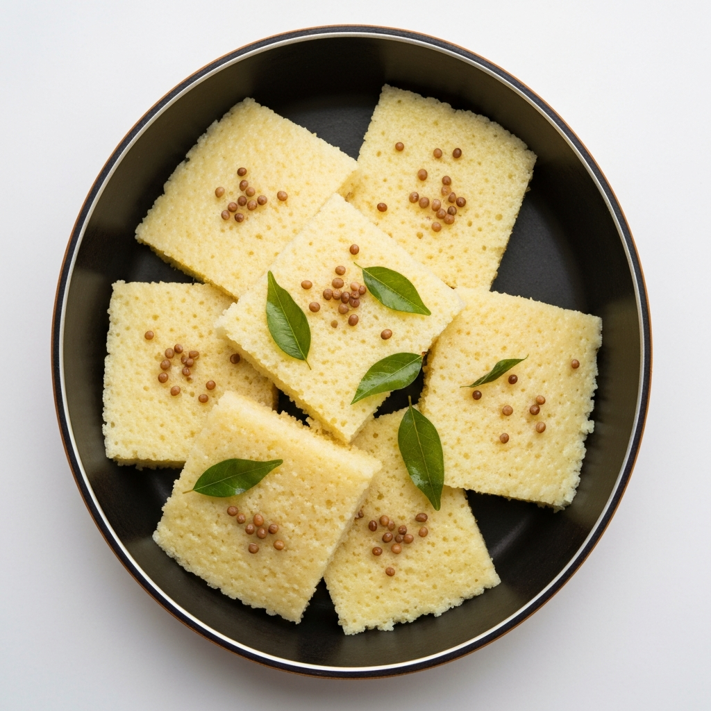 Dhokla (Steamed Chickpea Flour Cake) with Mustard Seeds