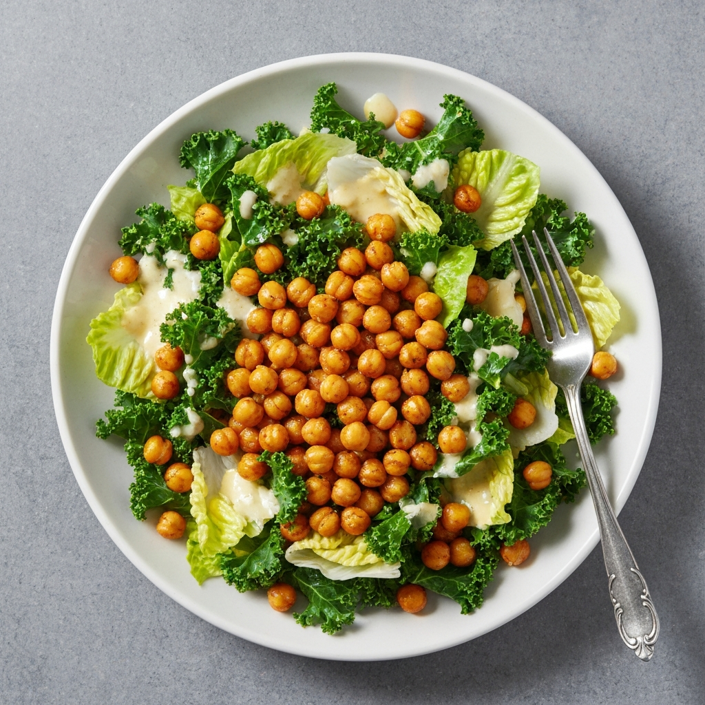 Lettuce and Kale Salad with Roasted Chickpeas and Lemon-Tahini Dressing