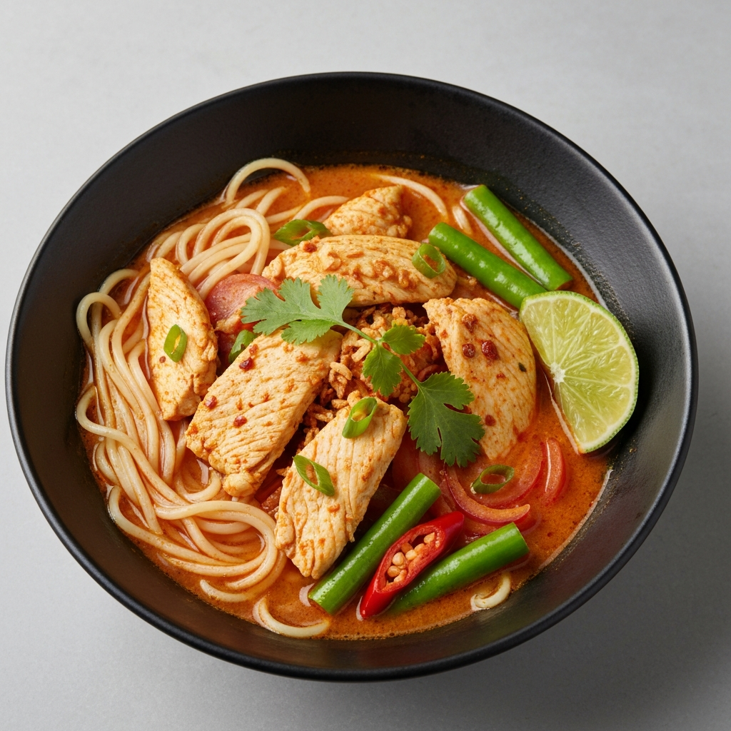 Spicy Sate Noodle Soup with Chicken and Vegetables