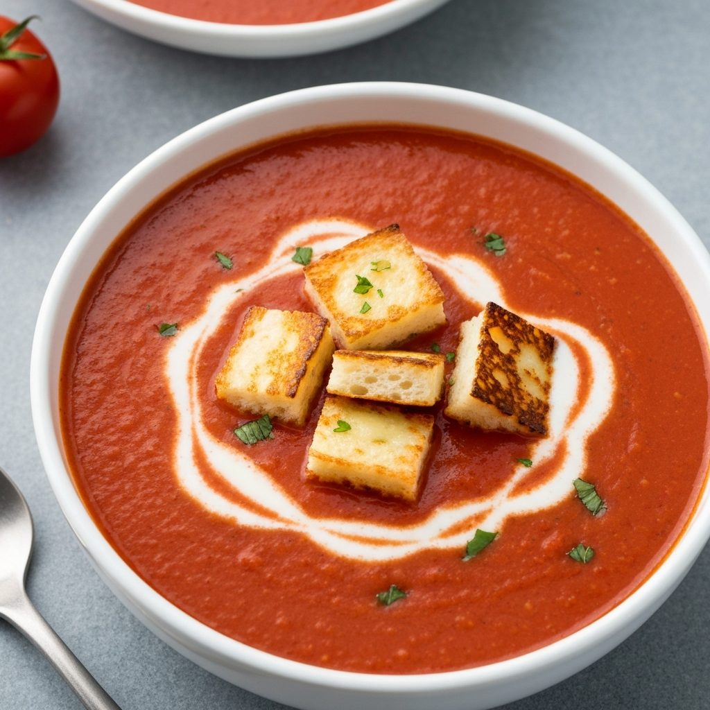Creamy Tomato and Jersey Milk Soup with Grilled Cheese Croutons