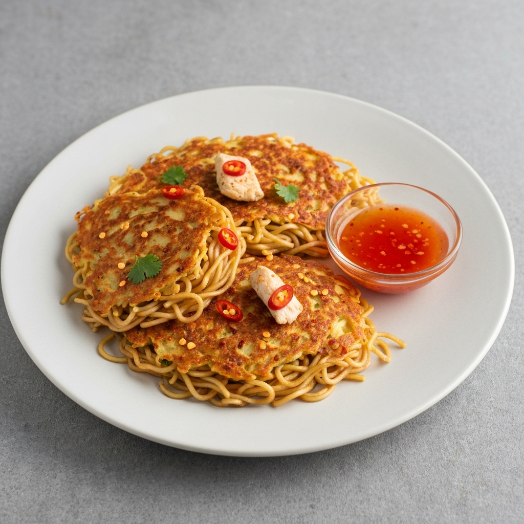 Spicy Chicken Noodle Pancakes with Sweet Chilli Dip