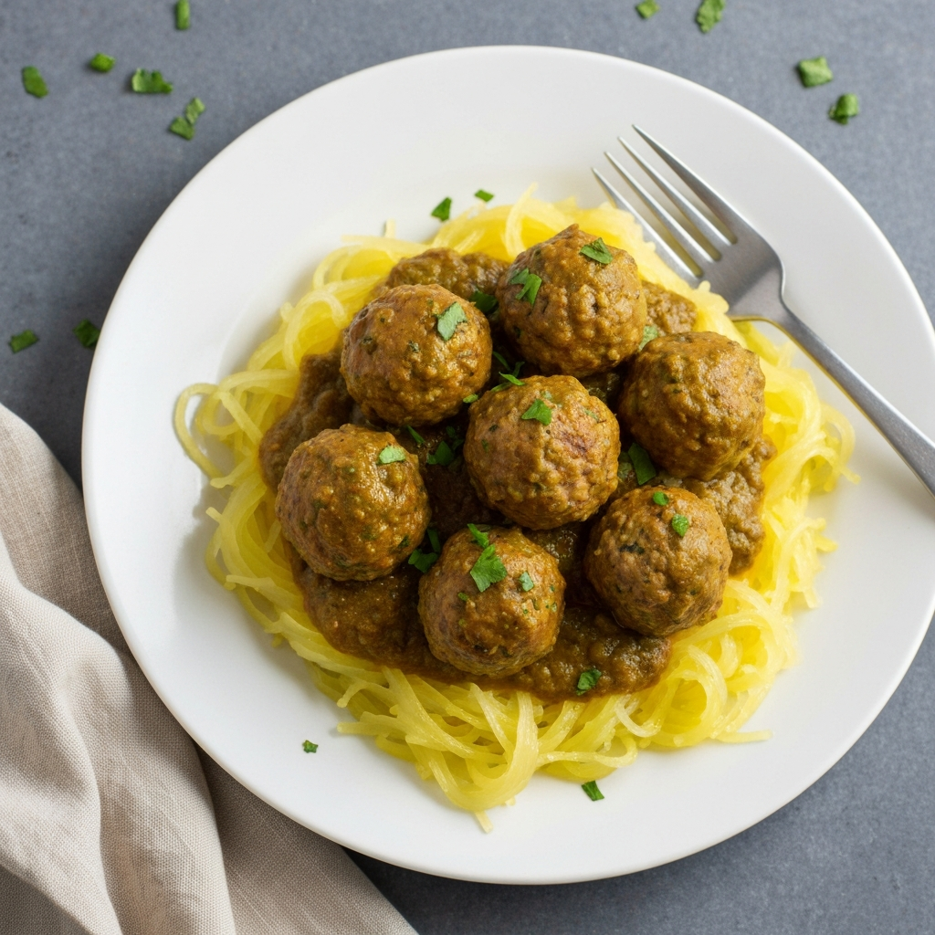 Mole Verde Turkey Meatballs with Spaghetti Squash