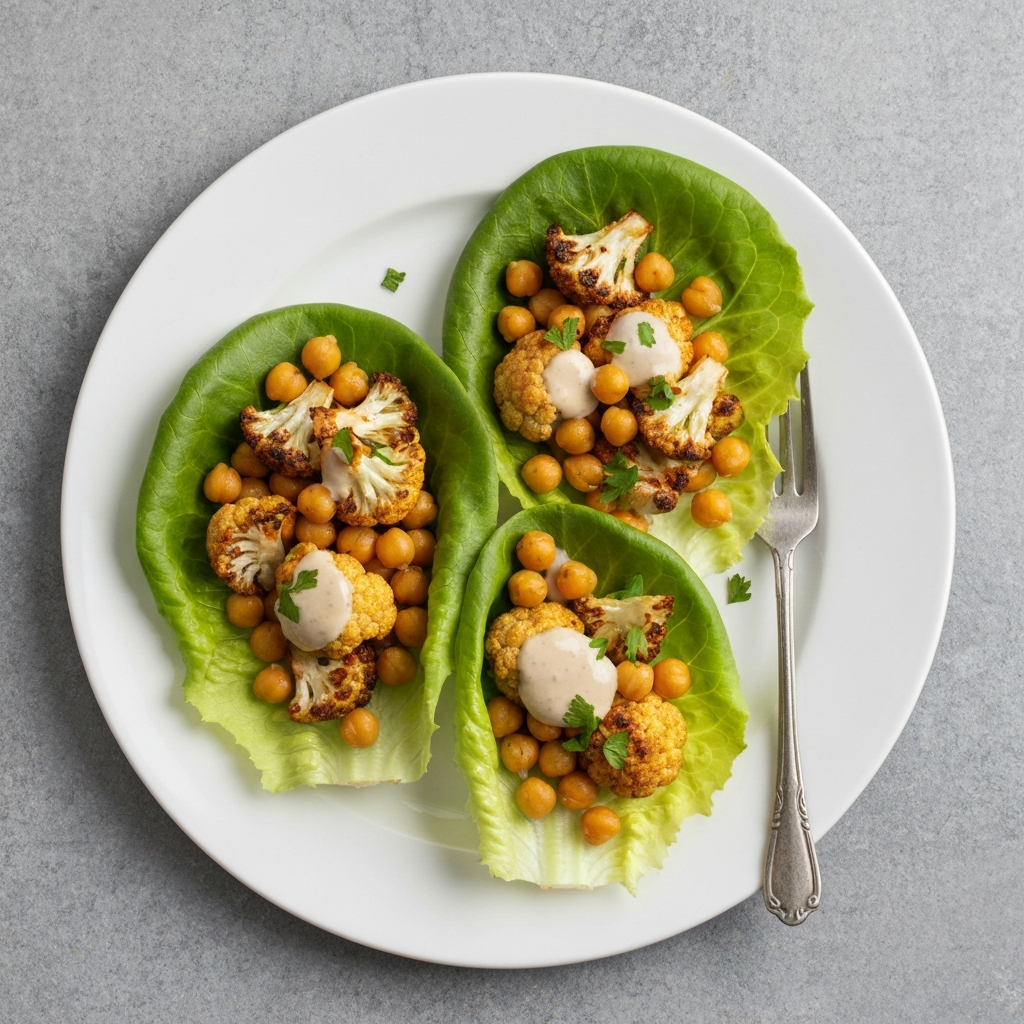 Roasted Cauliflower and Chickpea Lettuce Wraps with Tahini Dressing
