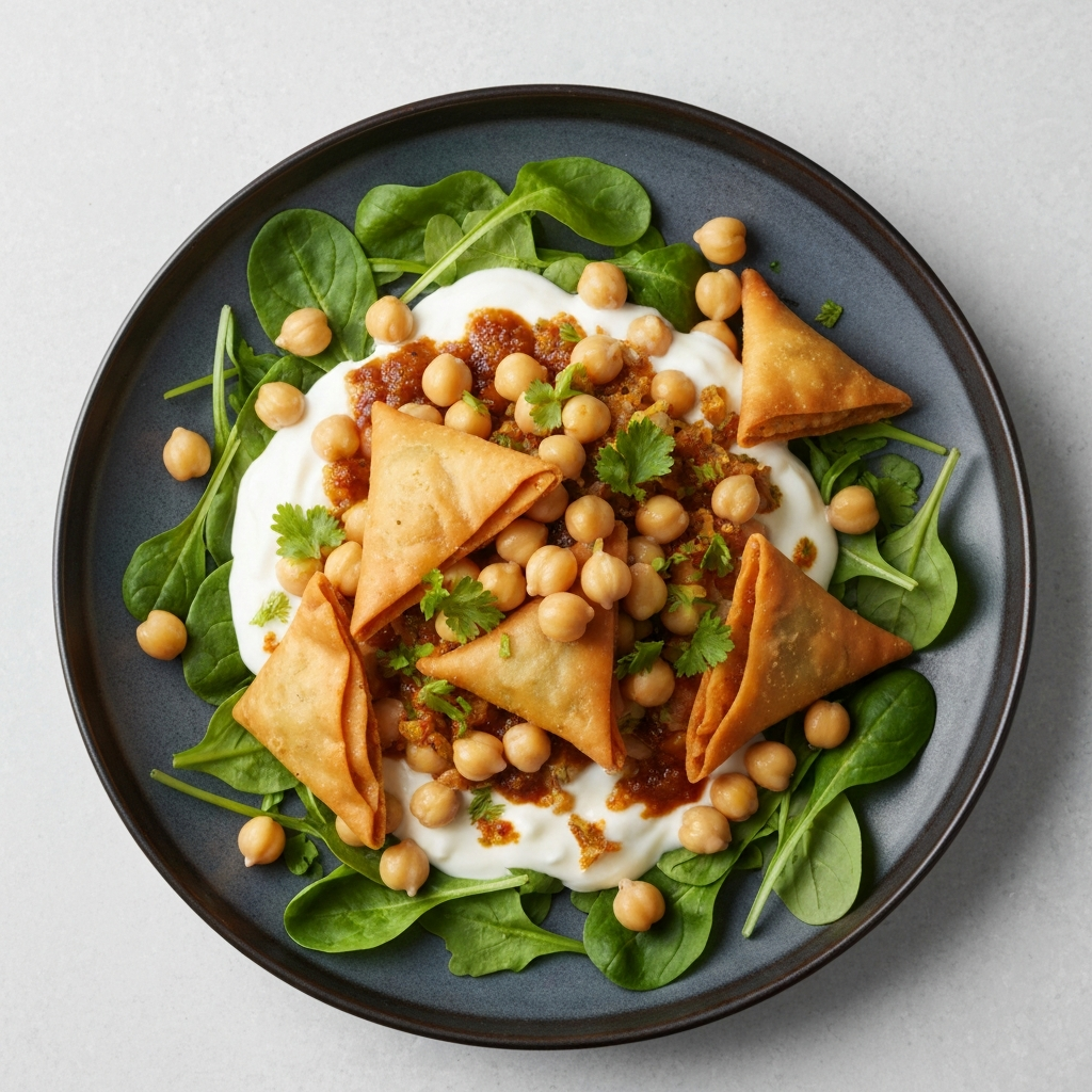 Vegetable Samosa Chaat Salad with Yogurt and Tamarind Chutney
