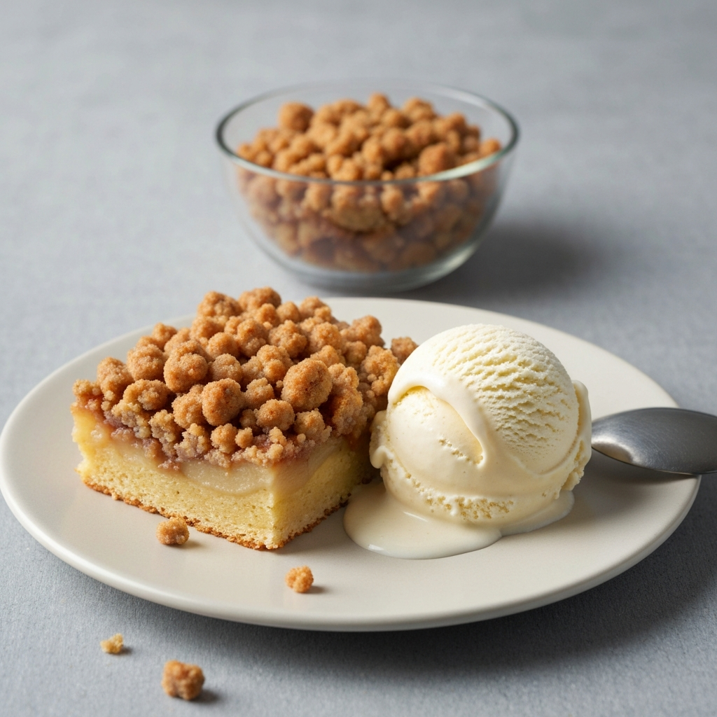 Jersey Apple Cake with Cinnamon Crumble Topping and Vanilla Bean Ice Cream