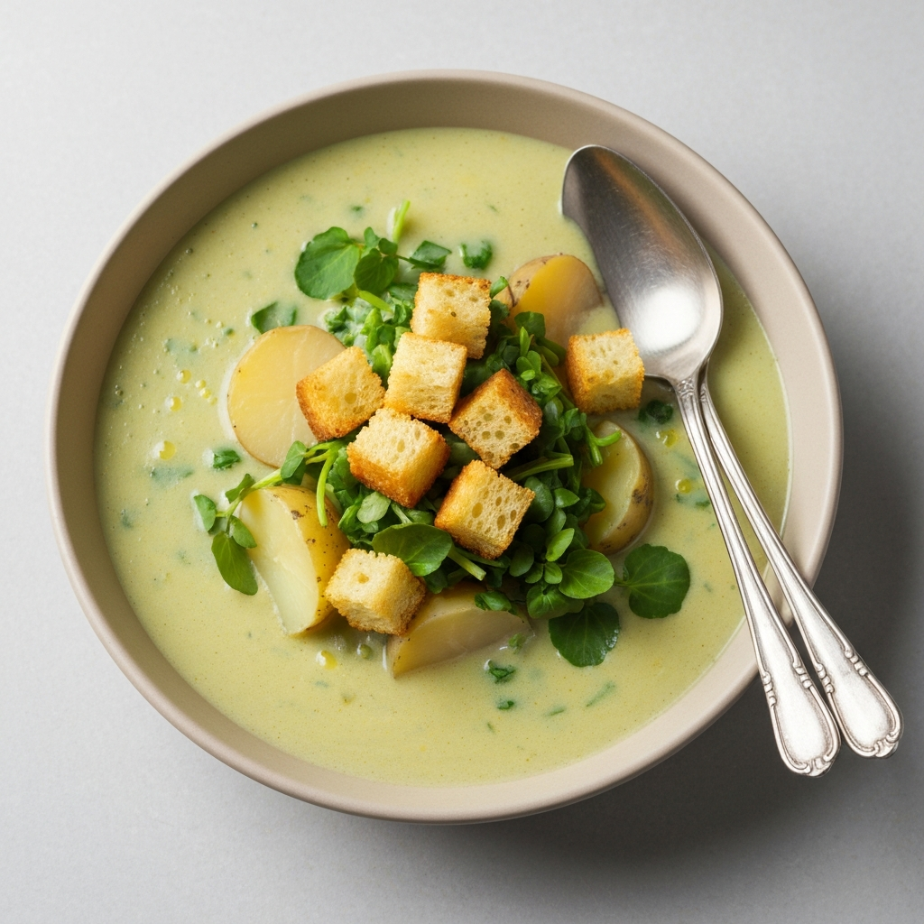 Jersey Royal and Watercress Soup with Crispy Croutons