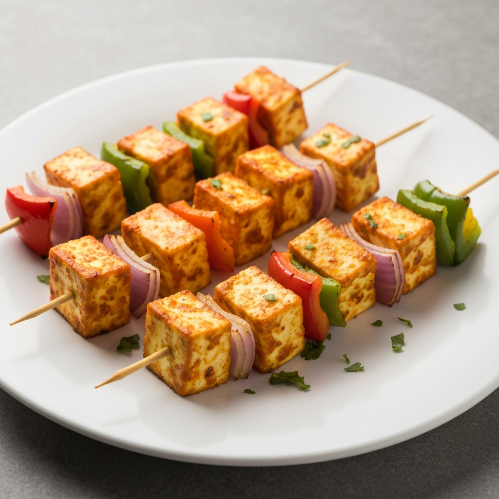 Paneer Tikka Skewers with Bell Peppers and Onions