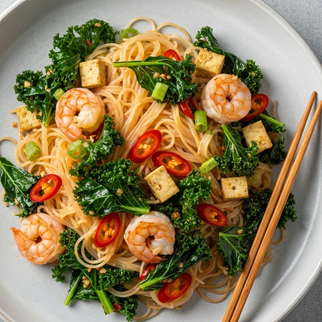 Stir-Fried Rice Noodles with Kale and Chili Garlic
