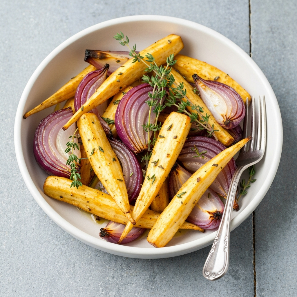 Roasted Onion and Parsnip with Thyme
