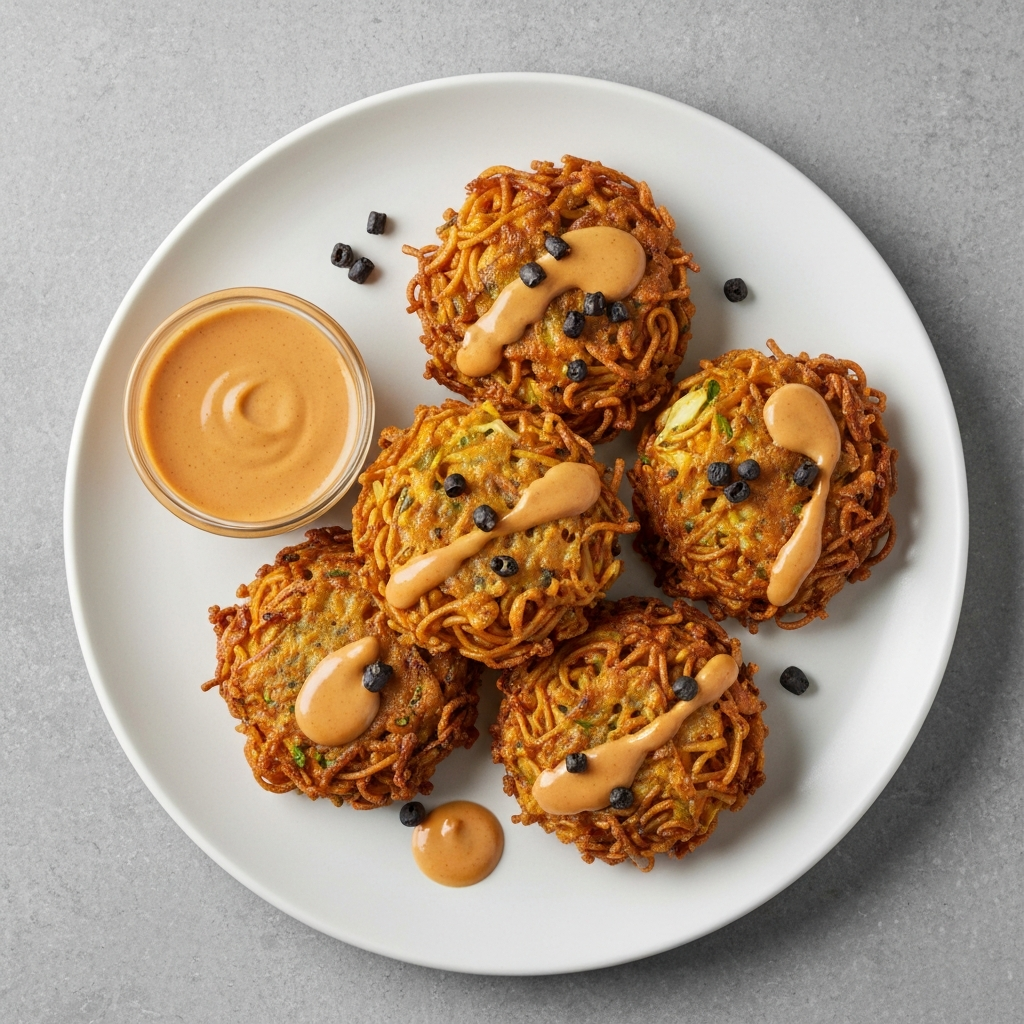 Noodle and Cabbage Fritters with Peanut Sauce