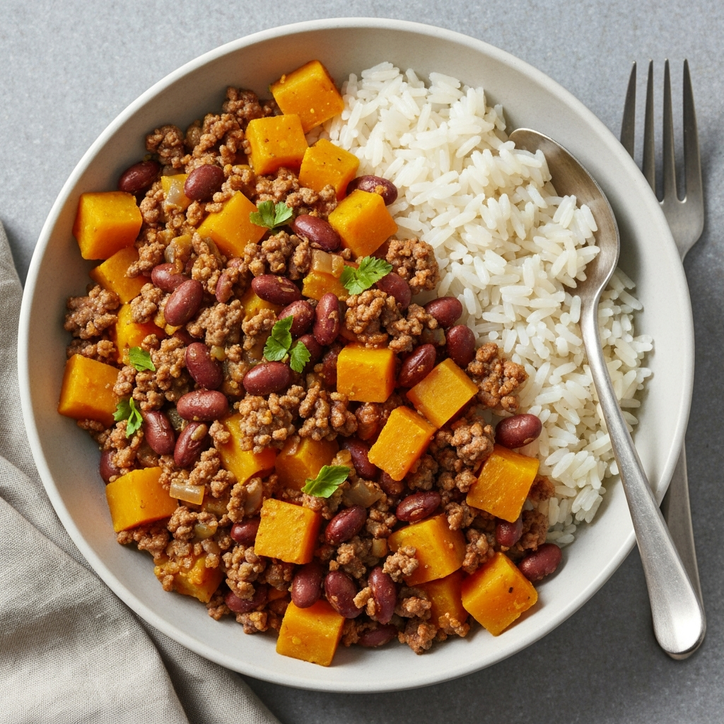 Hearty Bean, Mince, and Squash Rice Bowl