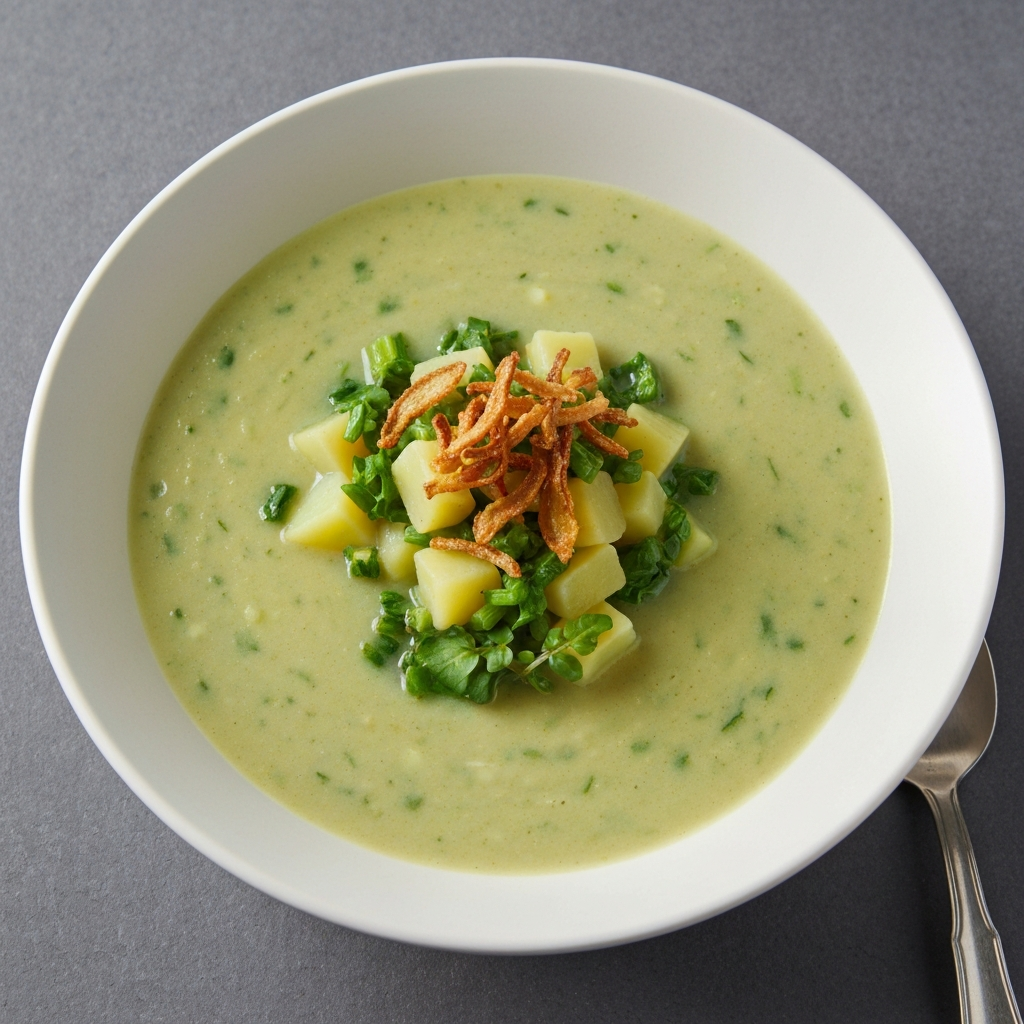 Jersey Royal Potato & Watercress Soup with Crispy Shallots