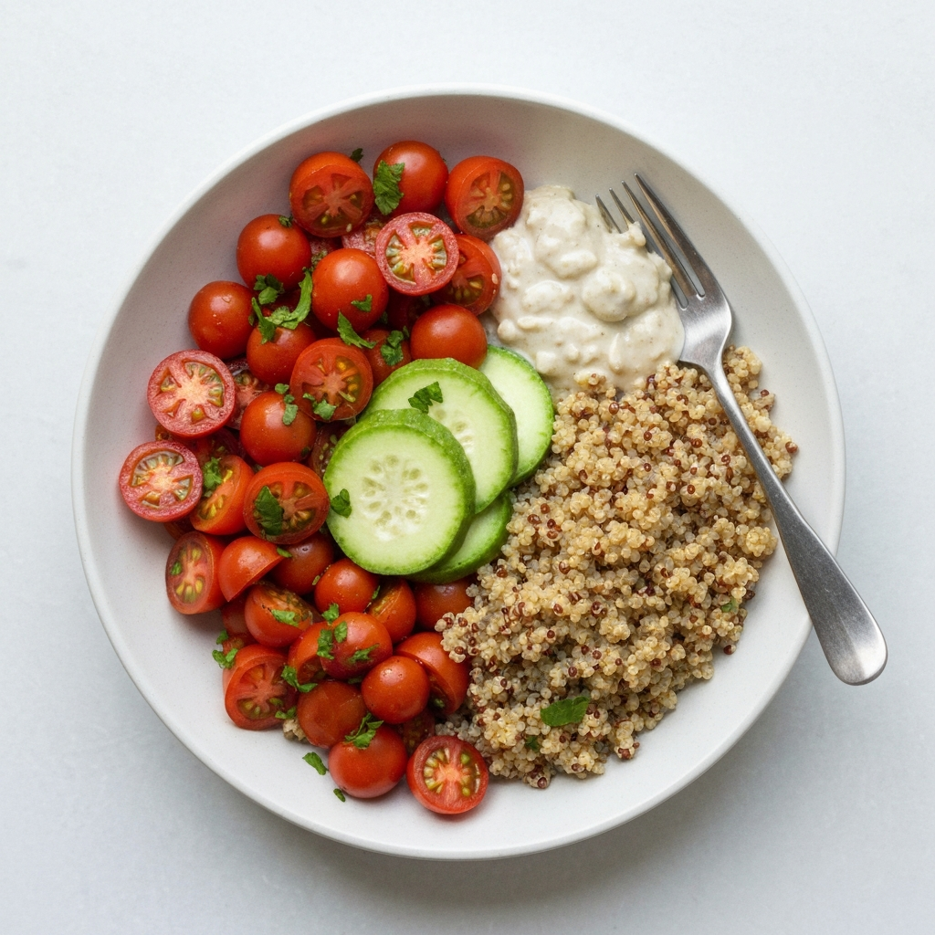 Mediterranean Quinoa Bowl with Roasted Vegetables and Lemon-Tahini Dressing