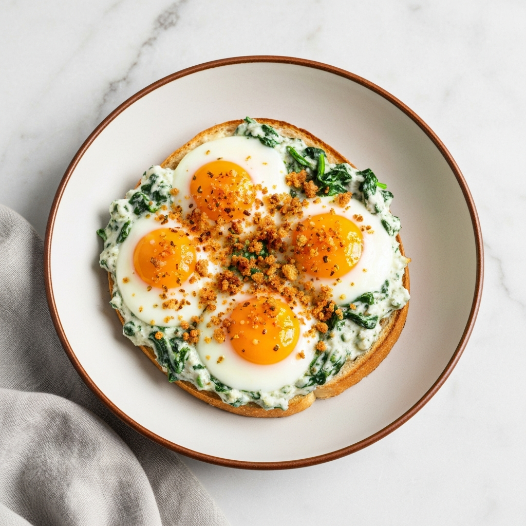 Spinach and Ricotta Baked Eggs with Toasted Breadcrumbs