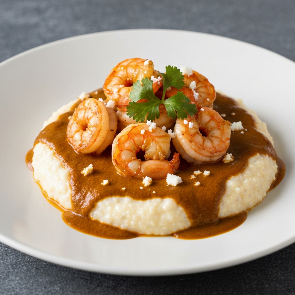 Mole Amarillo Shrimp and Grits with Cotija Cheese