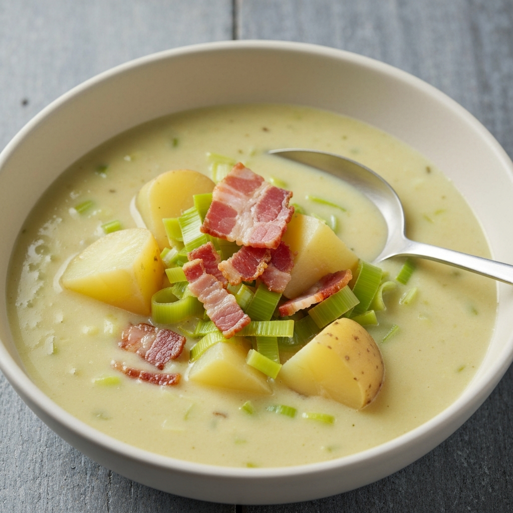 Jersey Royal Potato and Leek Soup with Crispy Pancetta