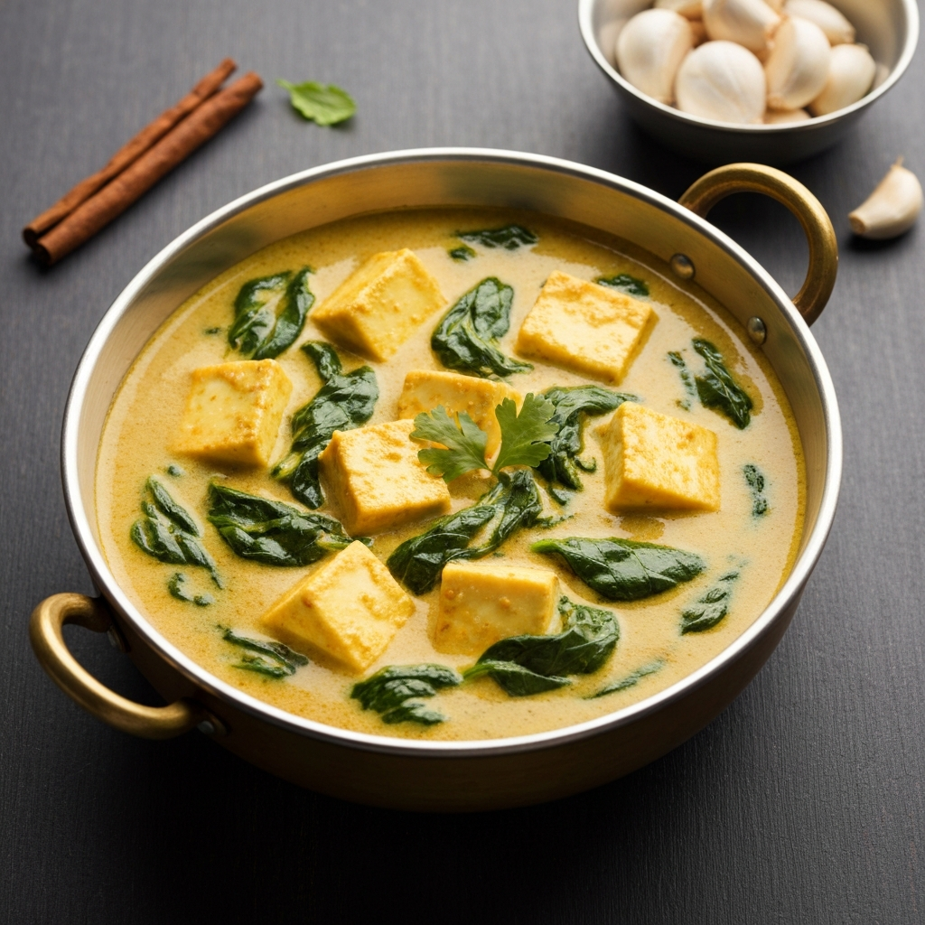 Saag Paneer (Spinach and Cheese Curry) with Garlic and Ginger