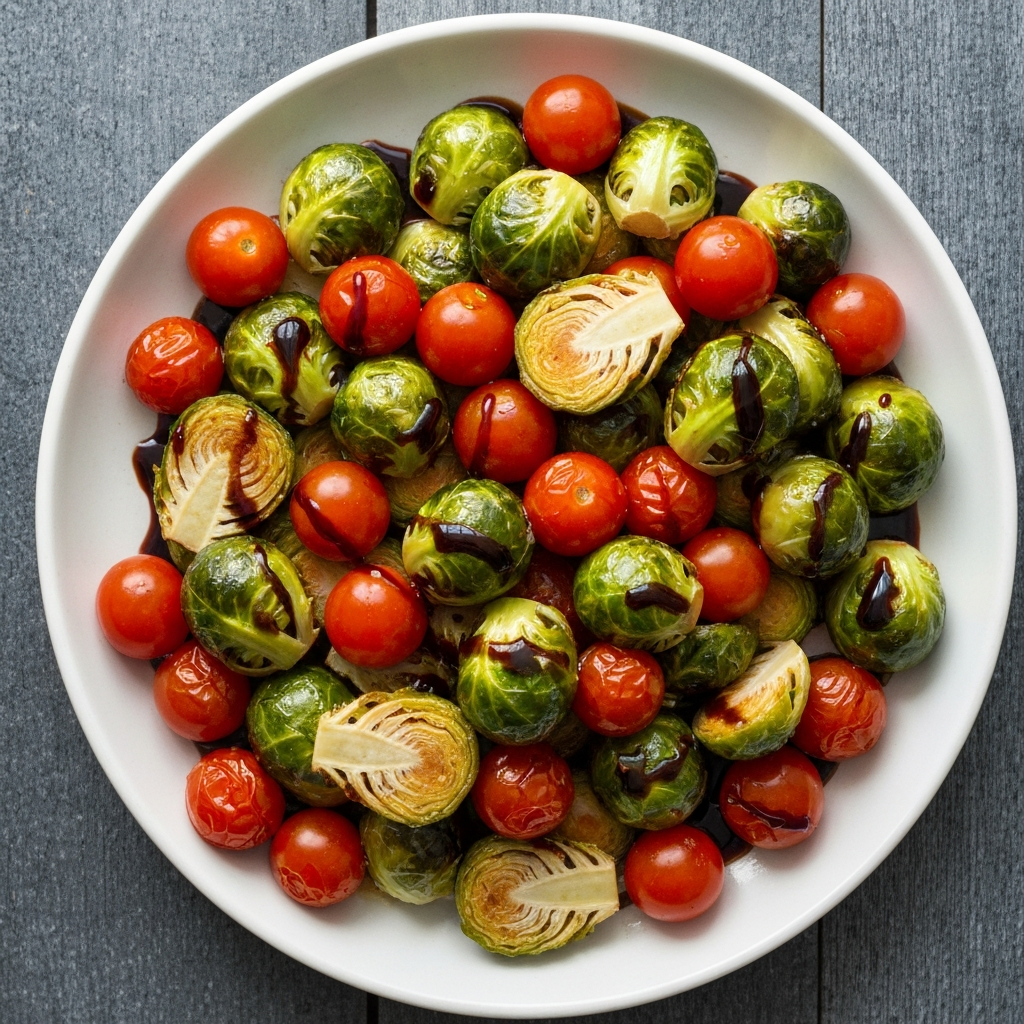Roasted Brussels Sprouts with Cherry Tomatoes and Balsamic Glaze