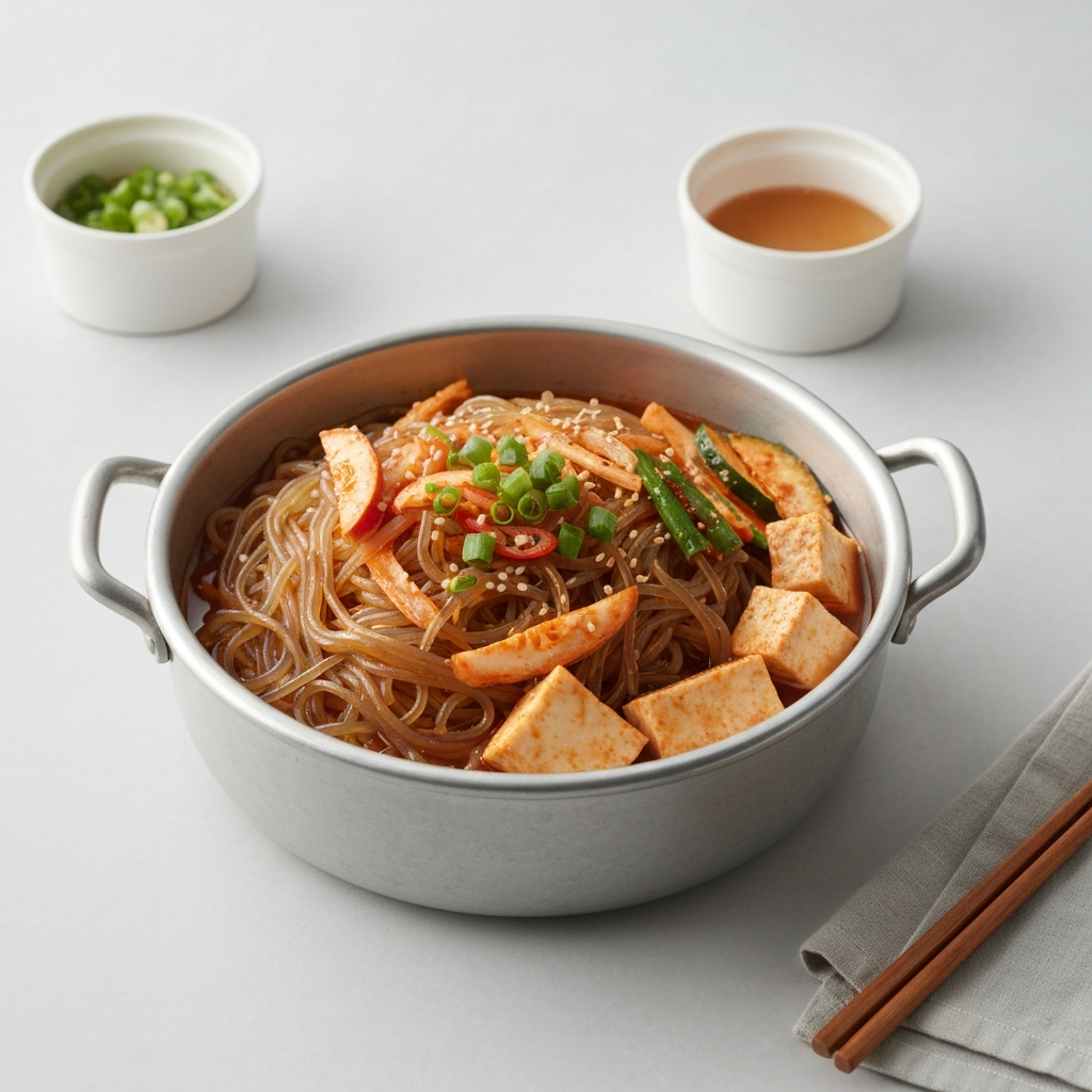 Korean Sweet Potato Noodles (Japchae) Hot Pot with Vegetables