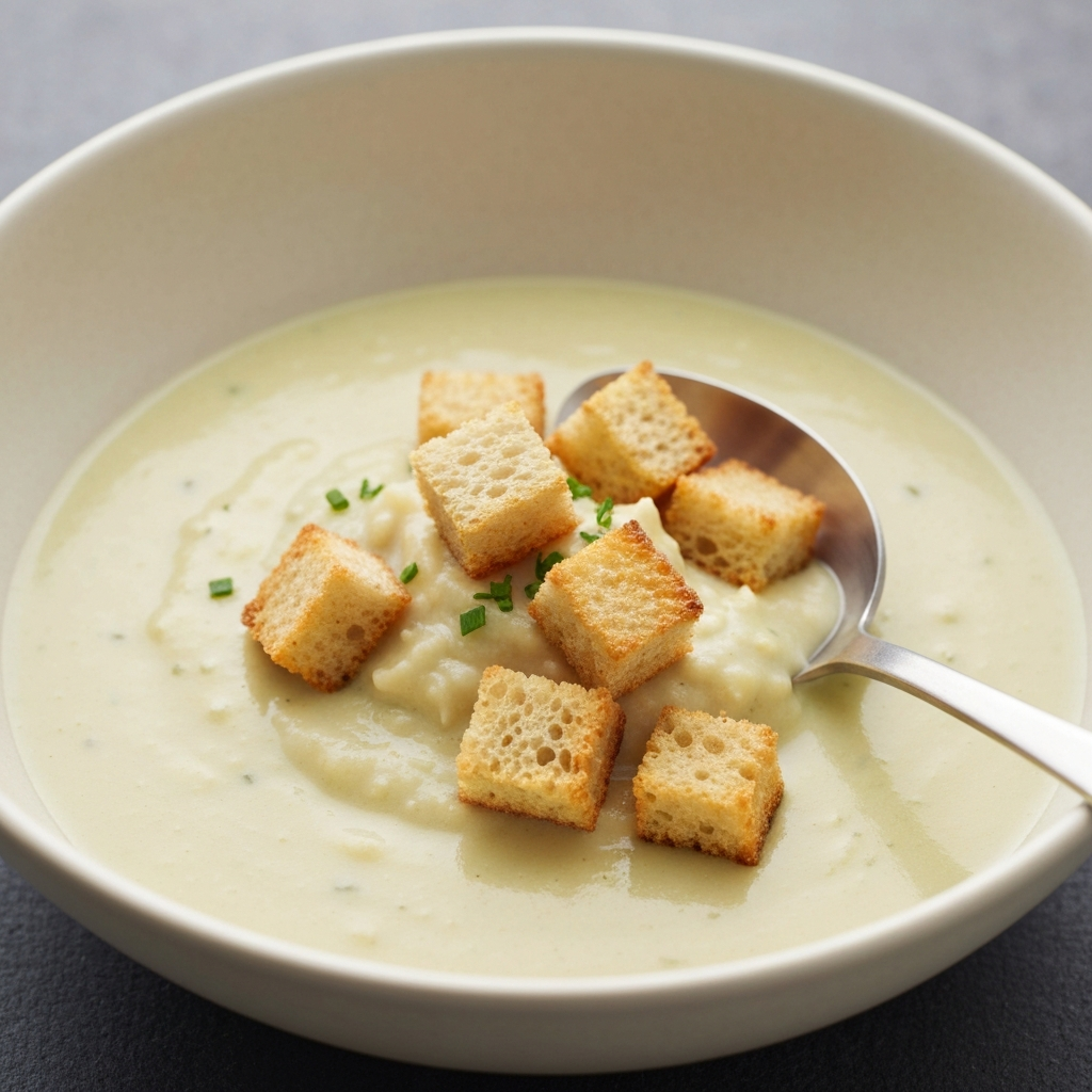 Creamy Jersey Leek and Potato Soup with Crispy Croutons